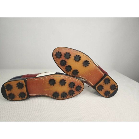 Vintage 60s Patent Leather Golf Shoes Oxfords Mens 9.5 Red White Blue USA - Picture 11 of 12